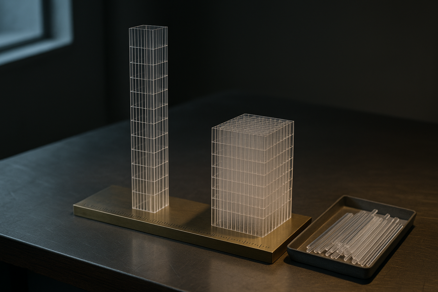 A architectural scale model shows two towers built from the same total number of clear rods—one tall and narrow, one short and wide—on a workbench, illustrating a fixed budget allocated in different proportions.