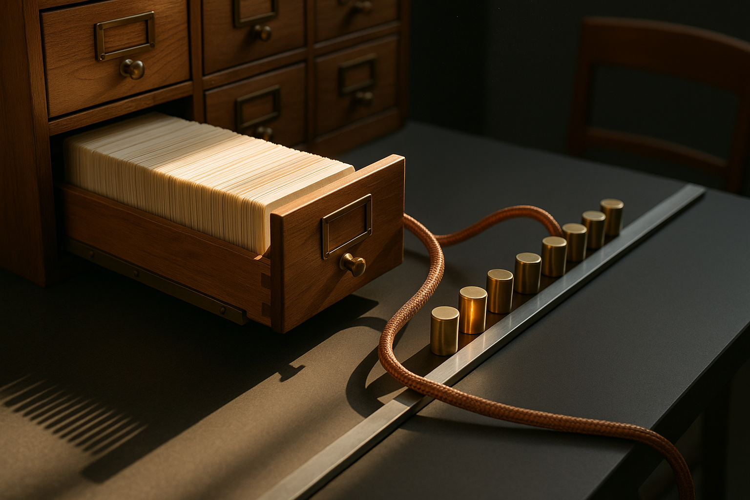 An open card-catalog drawer packed with blank index cards, connected by a heavy sagging copper cable to a rail of eight brass cylinders of which only two are lit, on a graphite table in raking window light.